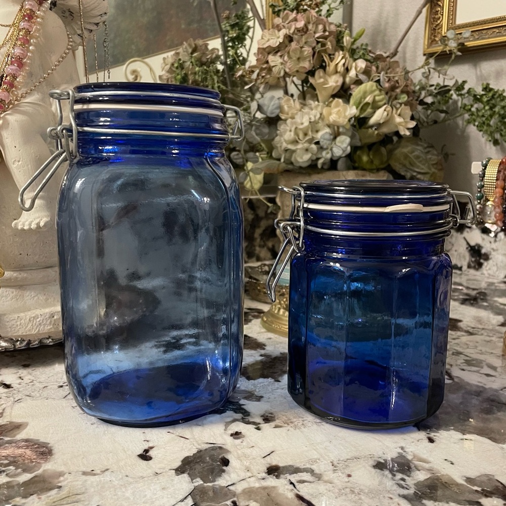 Set of Vintage Cobalt Blue Glass Storage Jars